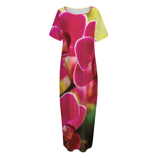 Cute Orchid Print Short Sleeve Long Nightdress