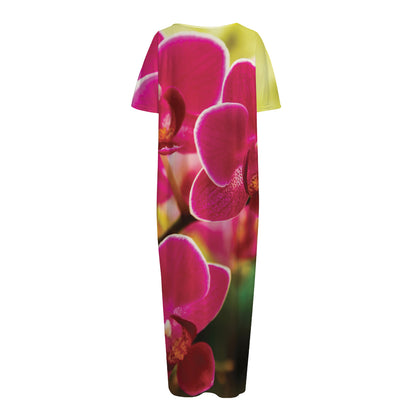 Cute Orchid Print Short Sleeve Long Nightdress