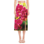 Cute Orchid Print Side Slit Midi Skirt