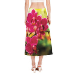 Cute Orchid Print Side Slit Midi Skirt