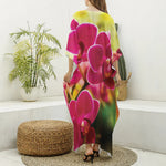 Cute Orchid Print Silk V-Neck Kaftan Dress