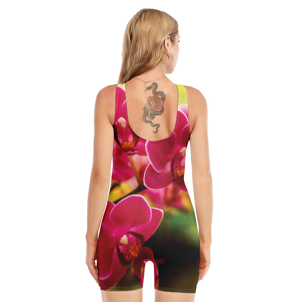Cute Orchid Print Sleeveless One Piece Swimsuit