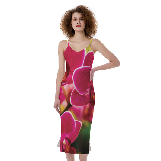 Cute Orchid Print Slim Fit Midi Cami Dress
