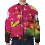 Cute Orchid Print Zip Sleeve Bomber Jacket