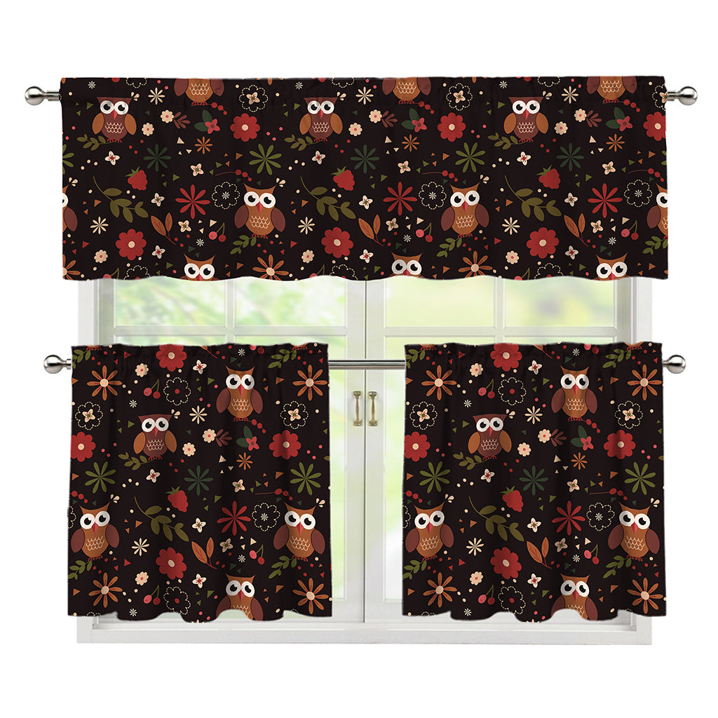 Cute Owl Print 3 Piece Kitchen Curtains
