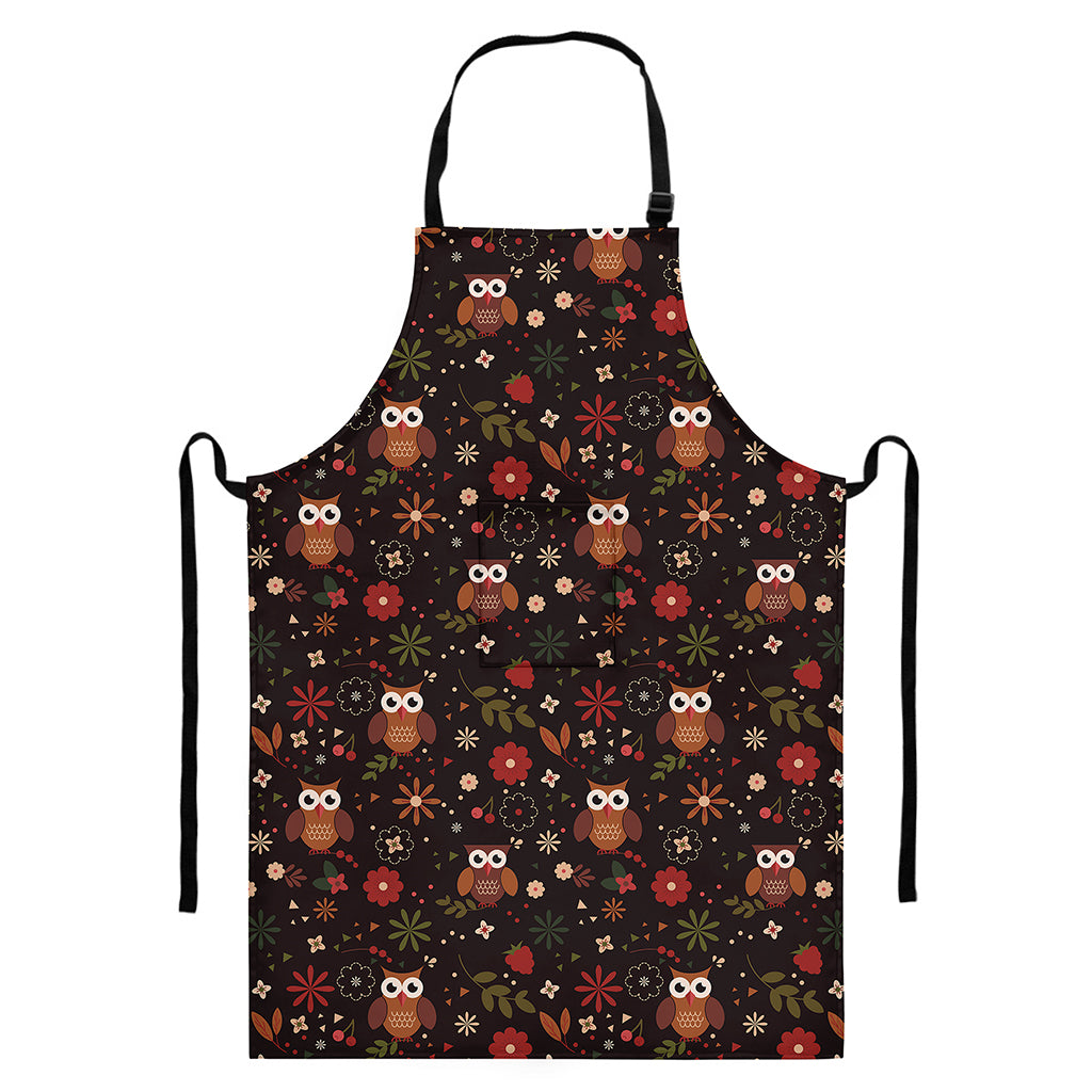 Cute Owl Print Bib Apron With Pocket