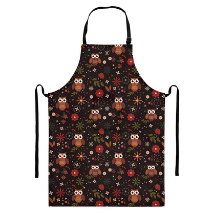 Cute Owl Print Bib Apron With Pocket