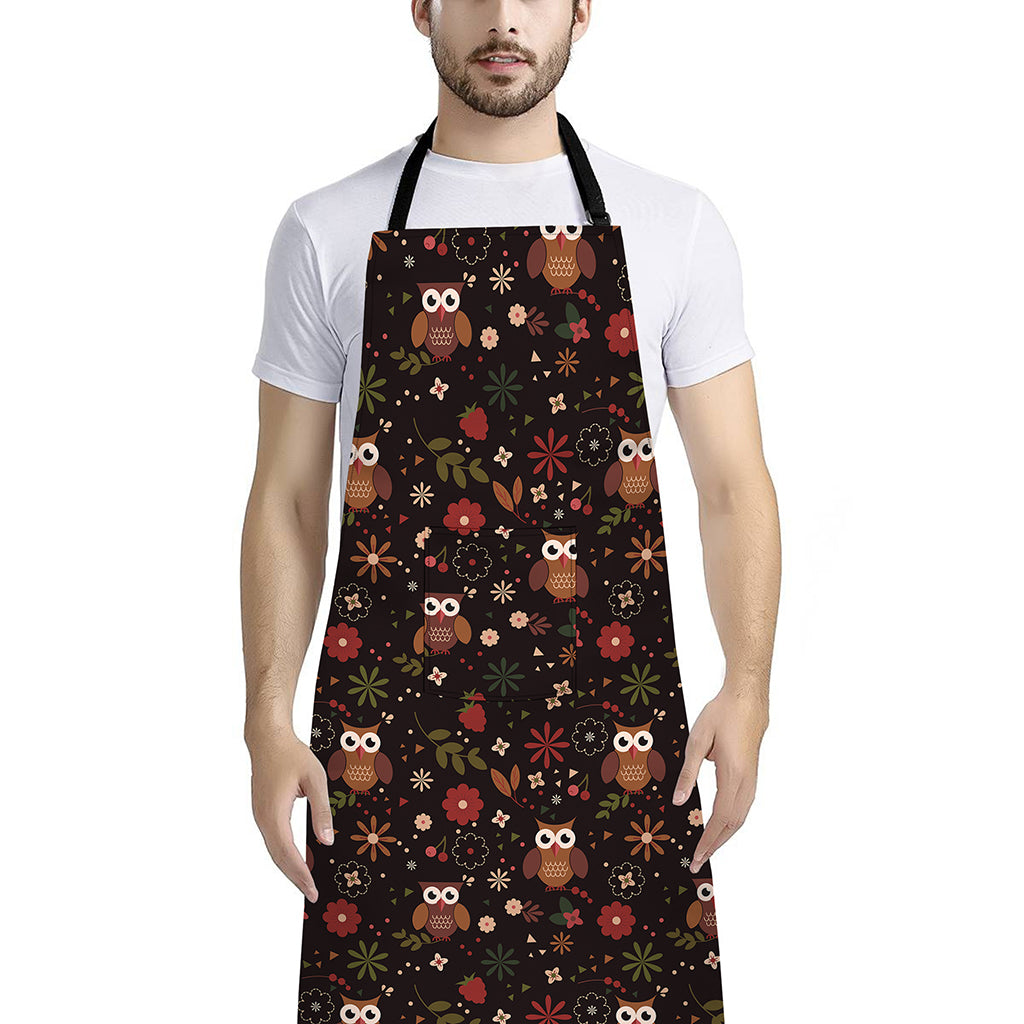 Cute Owl Print Bib Apron With Pocket