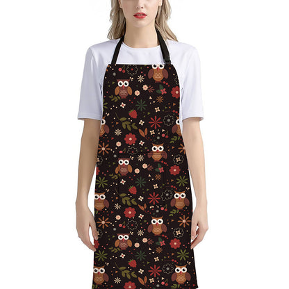 Cute Owl Print Bib Apron With Pocket