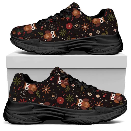 Cute Owl Print Black Chunky Shoes