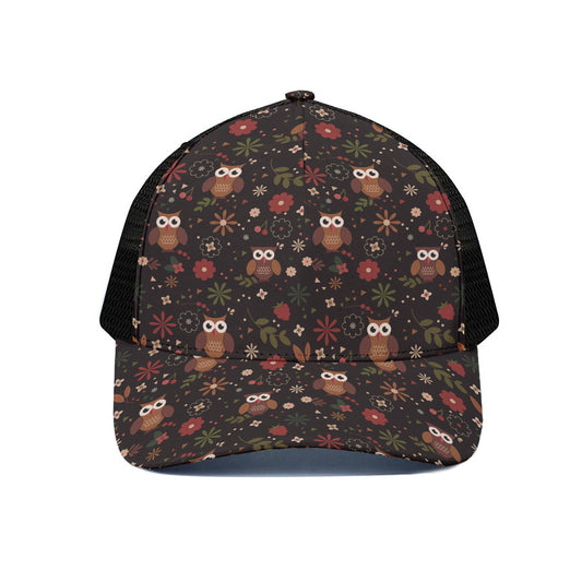 Cute Owl Print Black Mesh Trucker Cap