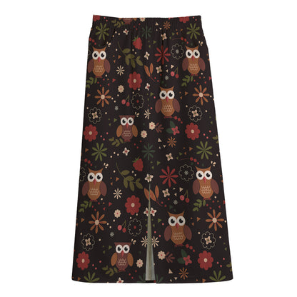 Cute Owl Print Cotton Front Slit Maxi Skirt
