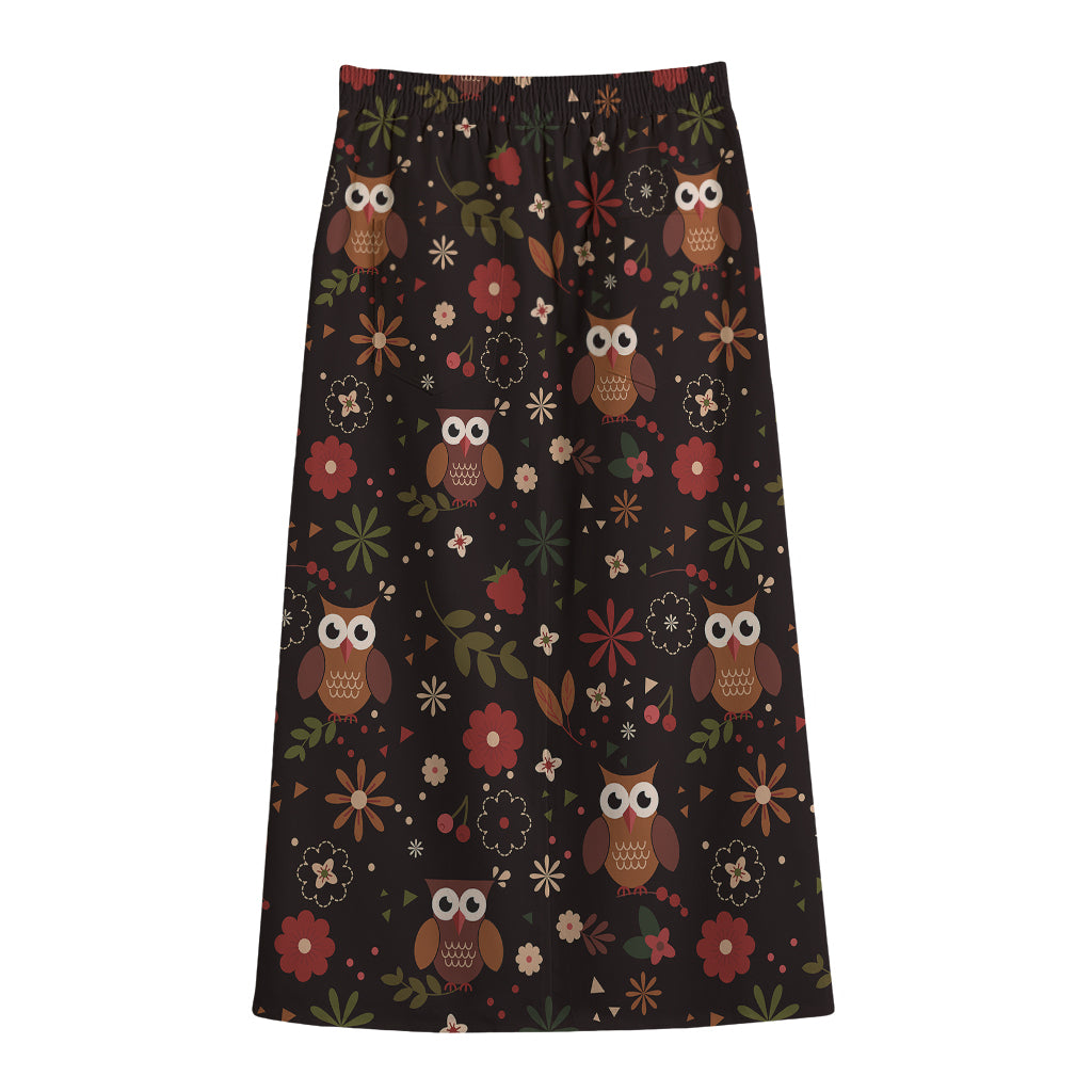 Cute Owl Print Cotton Front Slit Maxi Skirt