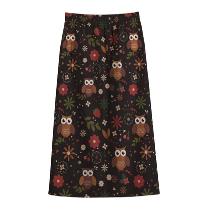 Cute Owl Print Cotton Front Slit Maxi Skirt