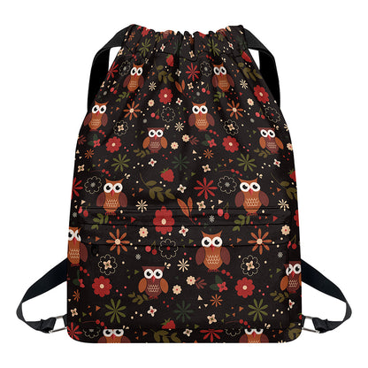 Cute Owl Print Drawstring Backpack