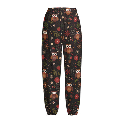Cute Owl Print Fleece Lined Knit Pants