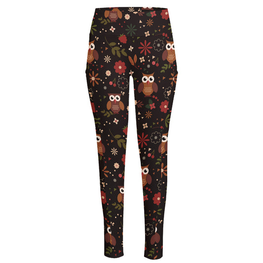 Cute Owl Print High-Waisted Pocket Leggings