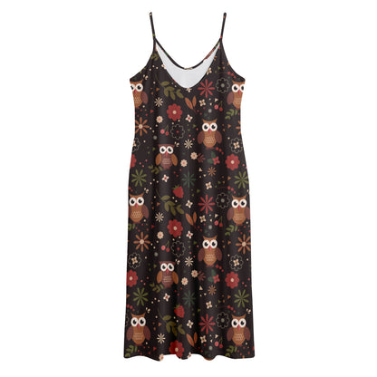 Cute Owl Print Jersey Midi Cami Dress