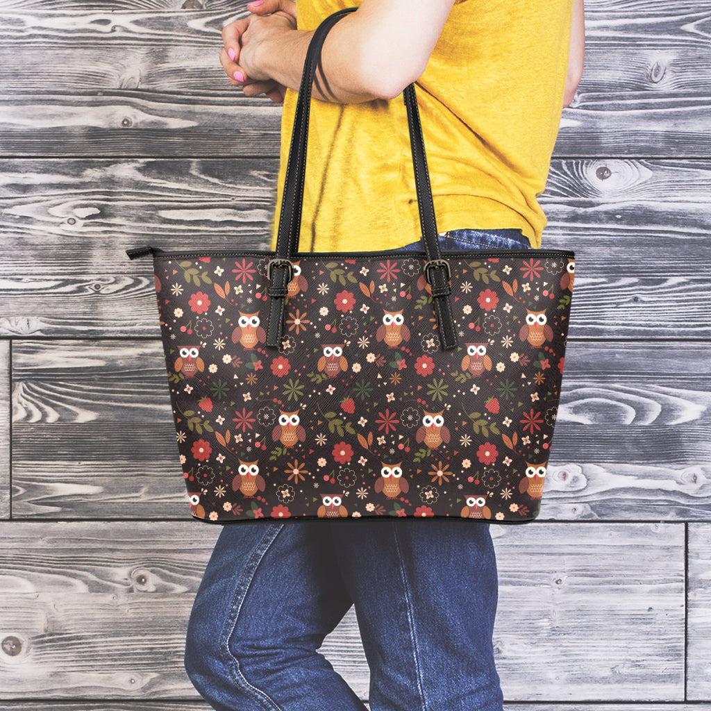 Cute Owl Print Leather Tote Bag