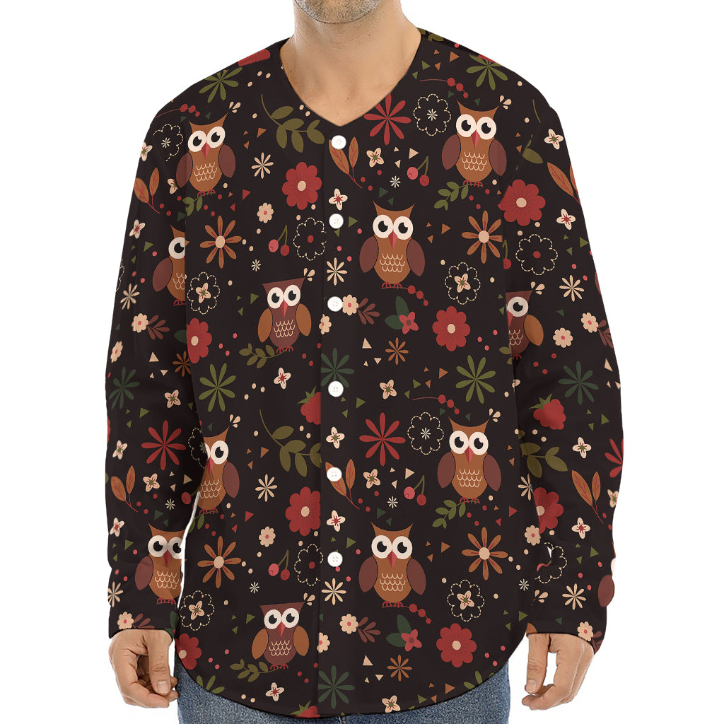 Cute Owl Print Long Sleeve Baseball Jersey