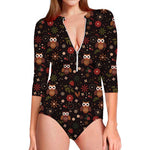 Cute Owl Print Long Sleeve Swimsuit