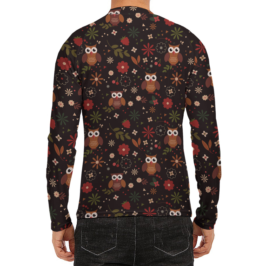 Cute Owl Print Men's Long Sleeve Rash Guard