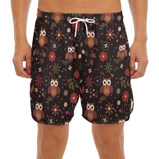 Cute Owl Print Men's Split Running Shorts