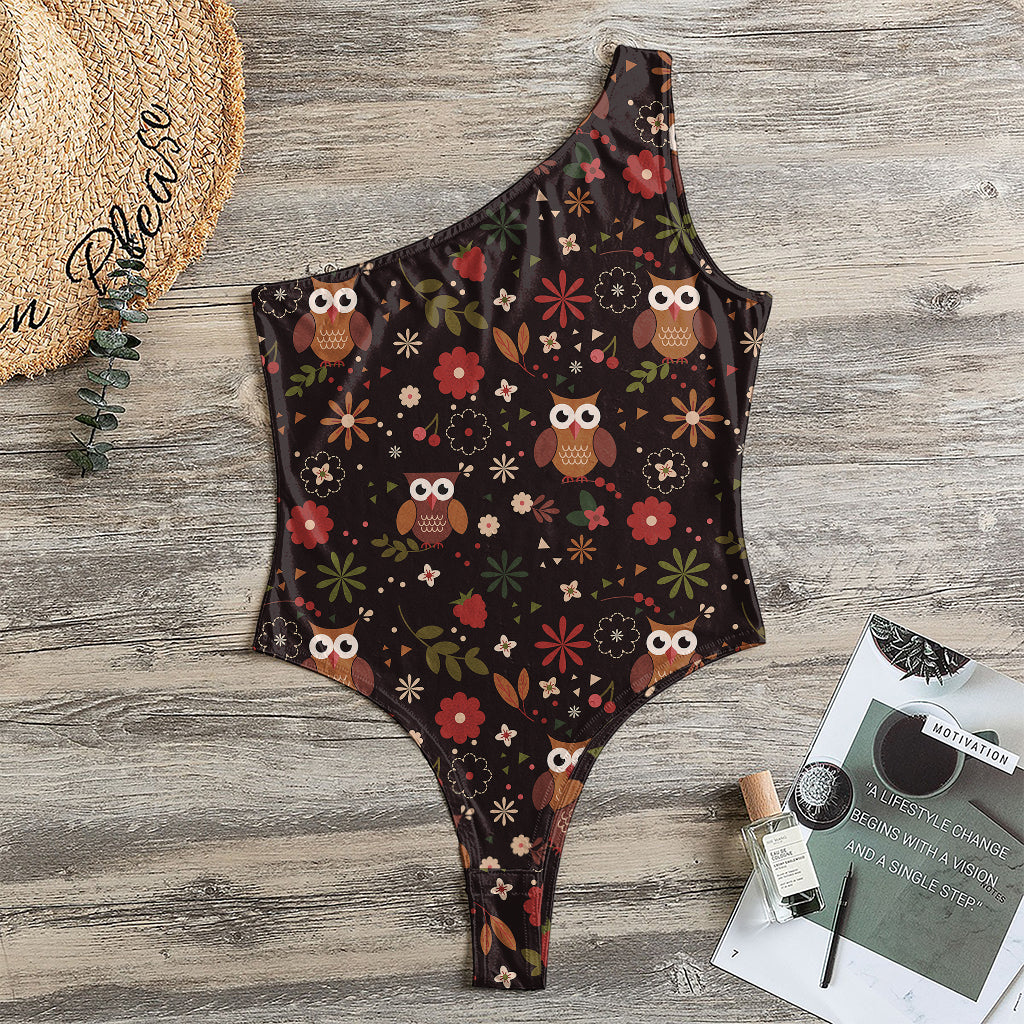 Cute Owl Print One Shoulder Bodysuit