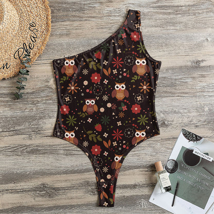 Cute Owl Print One Shoulder Bodysuit