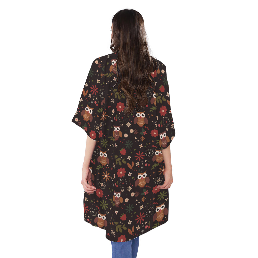 Cute Owl Print Open Front Beach Cover Up