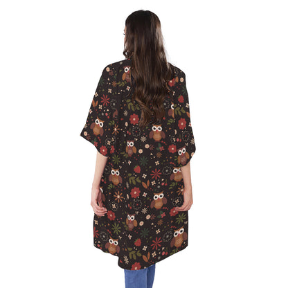 Cute Owl Print Open Front Beach Cover Up
