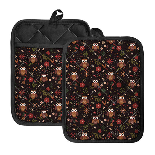 Cute Owl Print Pot Holders With Pocket