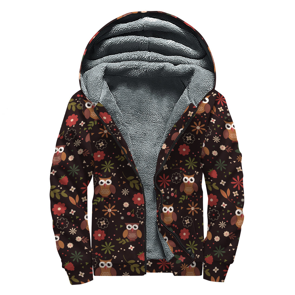 Cute Owl Print Sherpa Lined Zip Up Hoodie