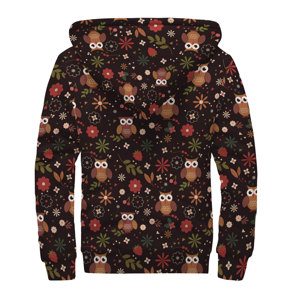 Cute Owl Print Sherpa Lined Zip Up Hoodie