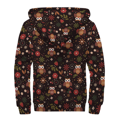 Cute Owl Print Sherpa Lined Zip Up Hoodie