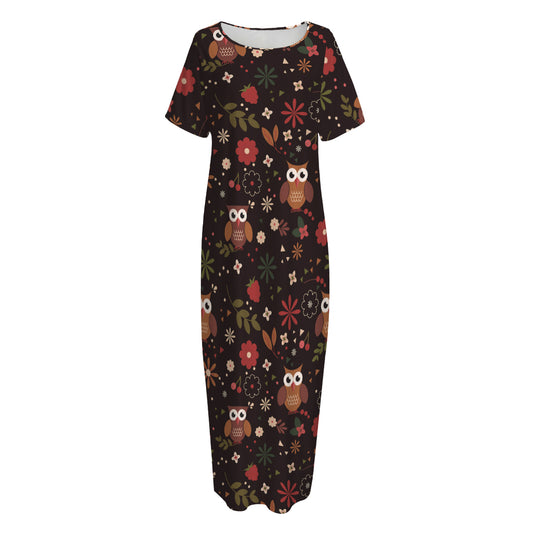 Cute Owl Print Short Sleeve Long Nightdress