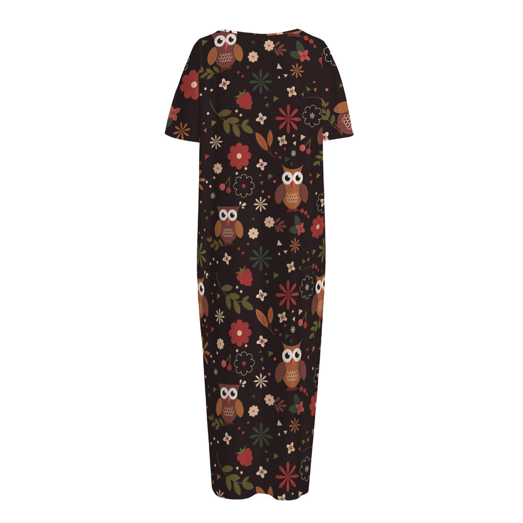 Cute Owl Print Short Sleeve Long Nightdress