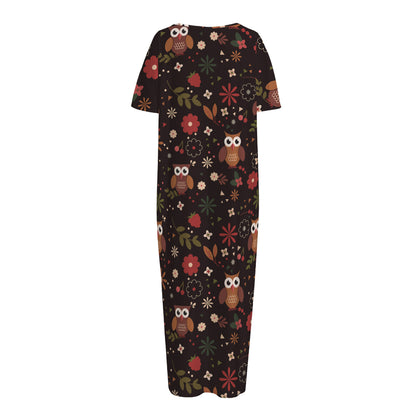 Cute Owl Print Short Sleeve Long Nightdress
