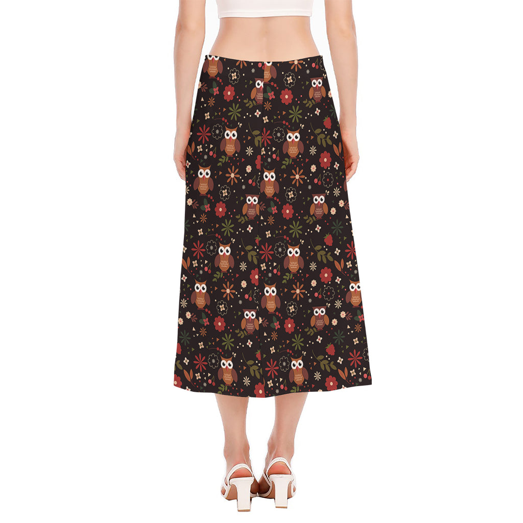 Cute Owl Print Side Slit Midi Skirt