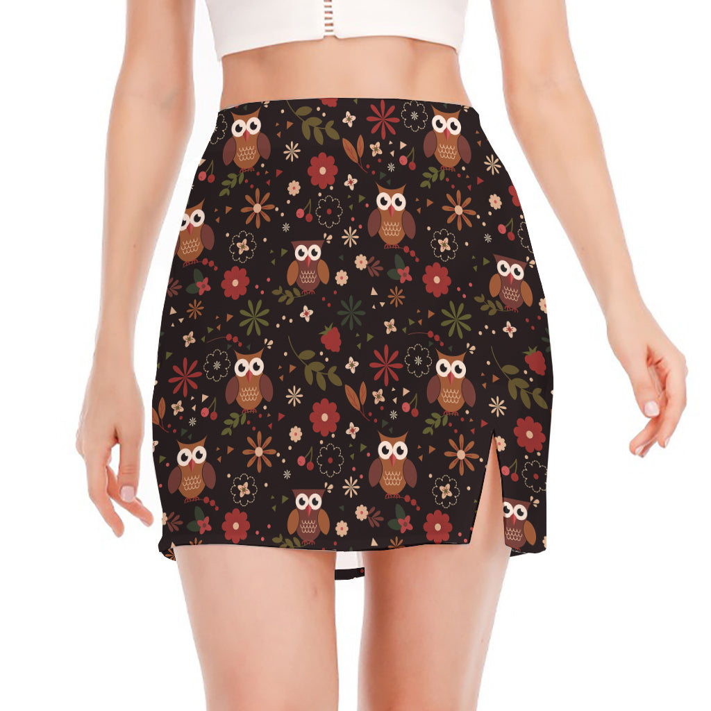 Cute Owl Print Side Slit Mini Skirt