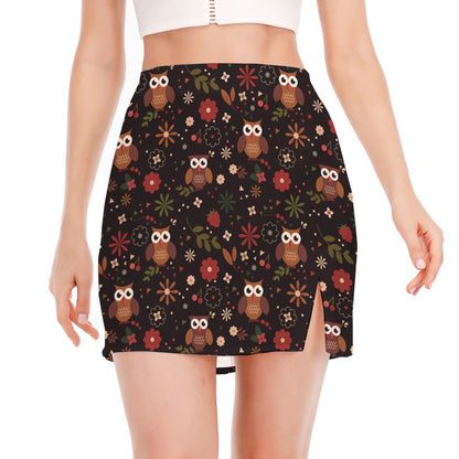 Cute Owl Print Side Slit Mini Skirt