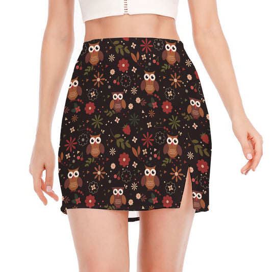 Cute Owl Print Side Slit Mini Skirt