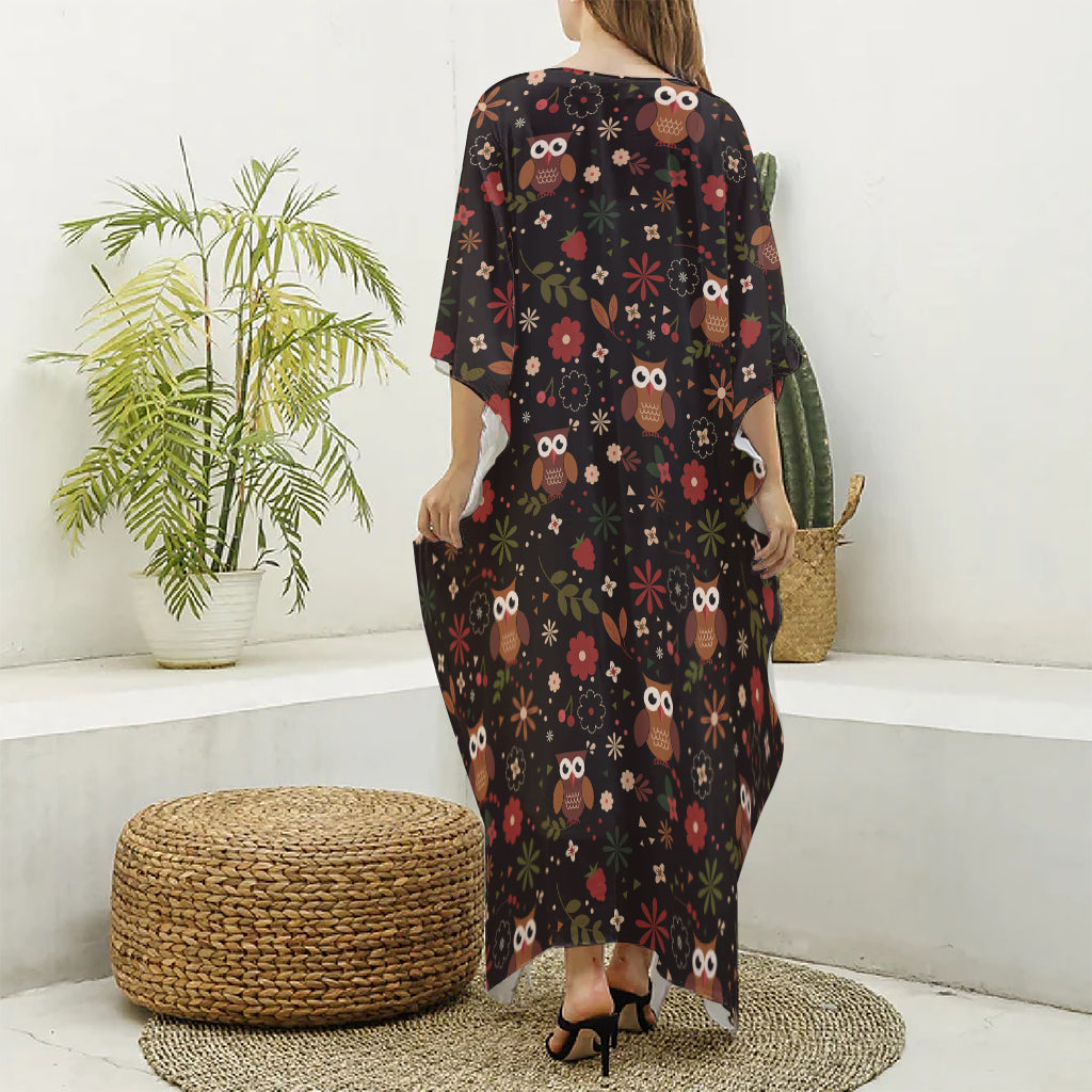Cute Owl Print Silk V-Neck Kaftan Dress