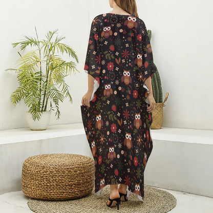 Cute Owl Print Silk V-Neck Kaftan Dress