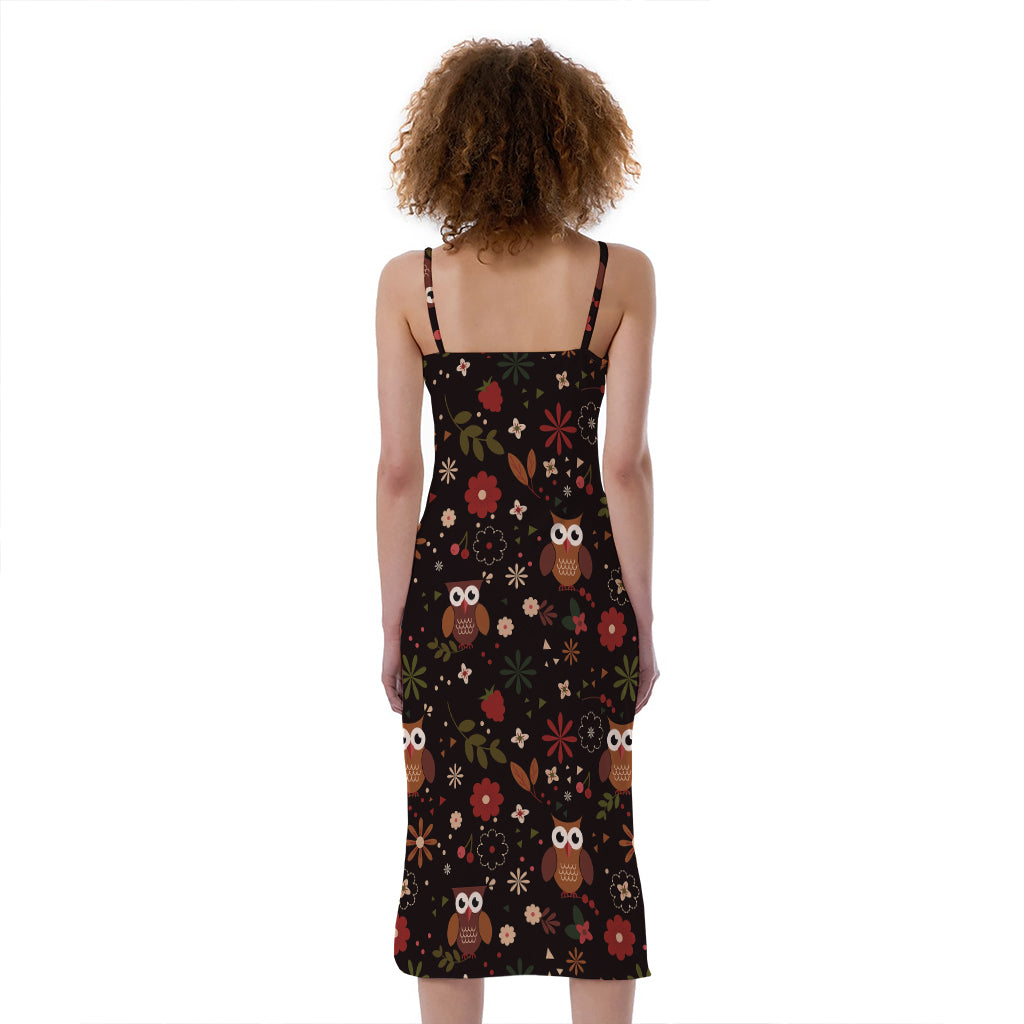 Cute Owl Print Slim Fit Midi Cami Dress