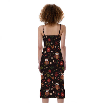 Cute Owl Print Slim Fit Midi Cami Dress
