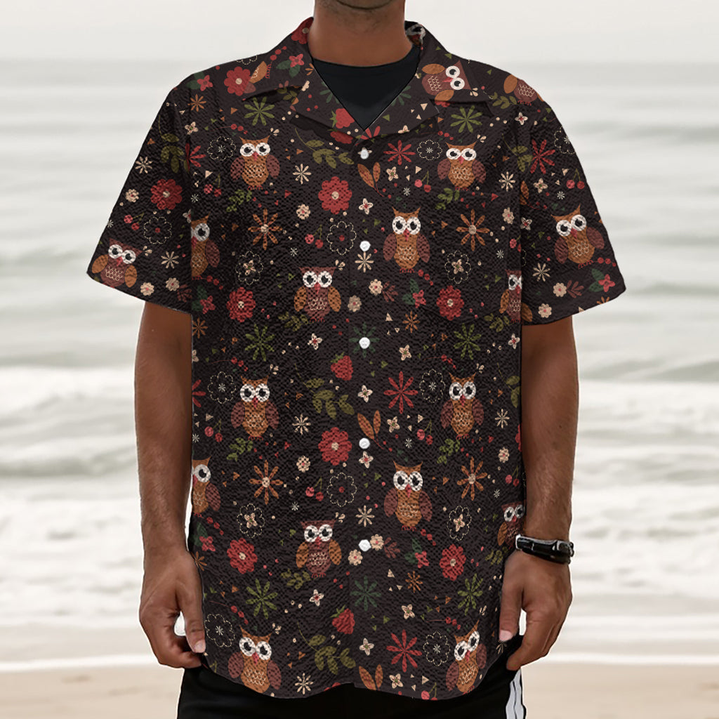 Cute Owl Print Textured Short Sleeve Shirt