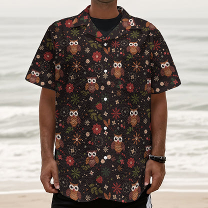 Cute Owl Print Textured Short Sleeve Shirt