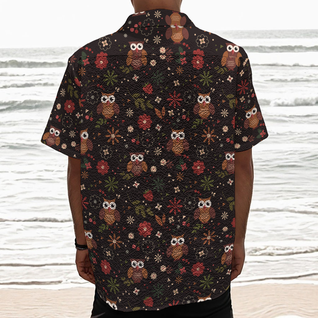 Cute Owl Print Textured Short Sleeve Shirt