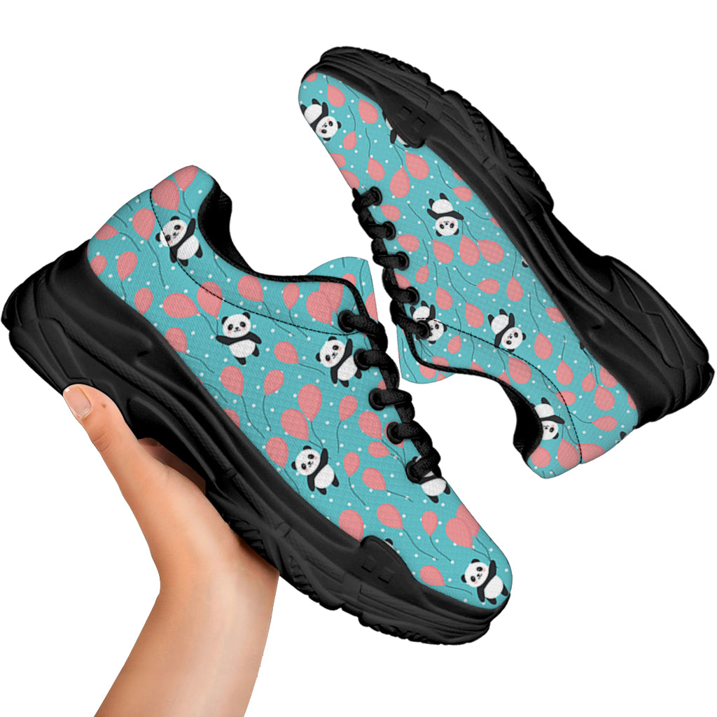 Cute Panda And Balloon Pattern Print Black Chunky Shoes